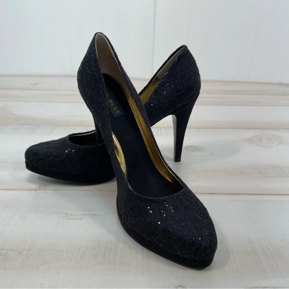 NIB Nine West Rocha Black On Black Platform Heels Sz 8.5 - Picture 3 of 11